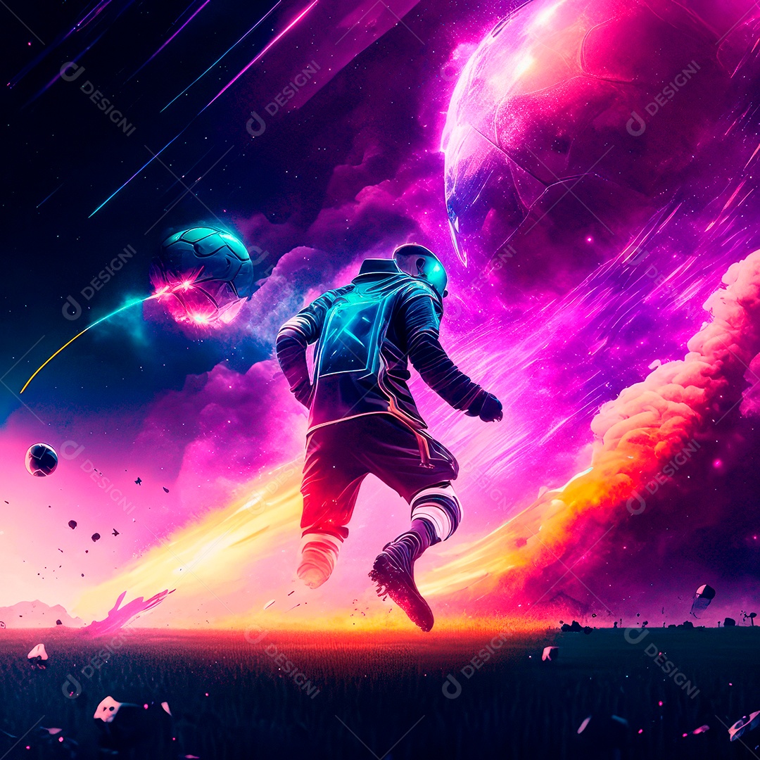 Paisagem cyberpunk de um jogador de futebol atirando.