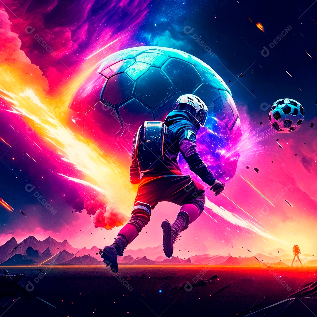 Paisagem cyberpunk de um jogador de futebol atirando.