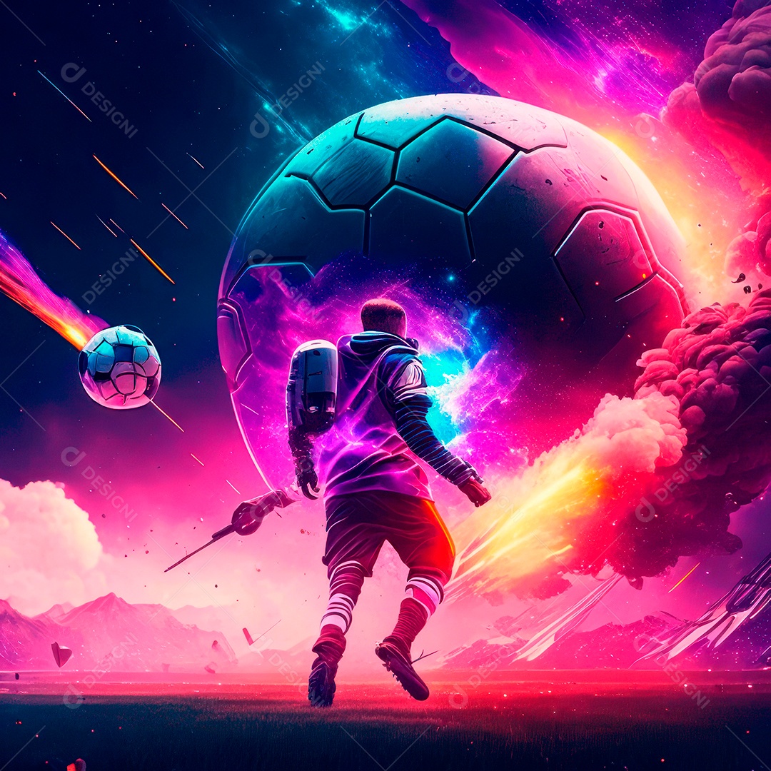 Paisagem cyberpunk de um jogador de futebol atirando.