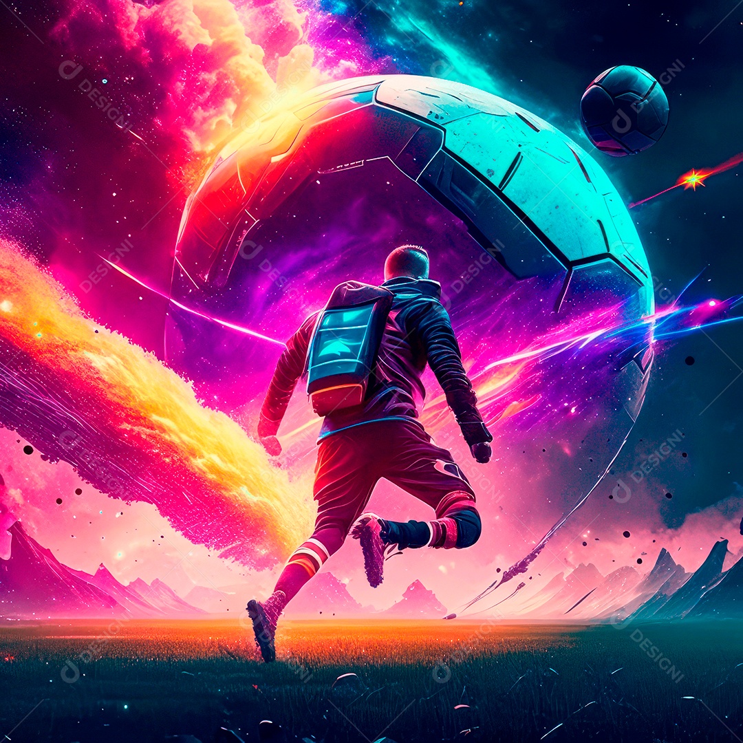 Paisagem cyberpunk de um jogador de futebol atirando.