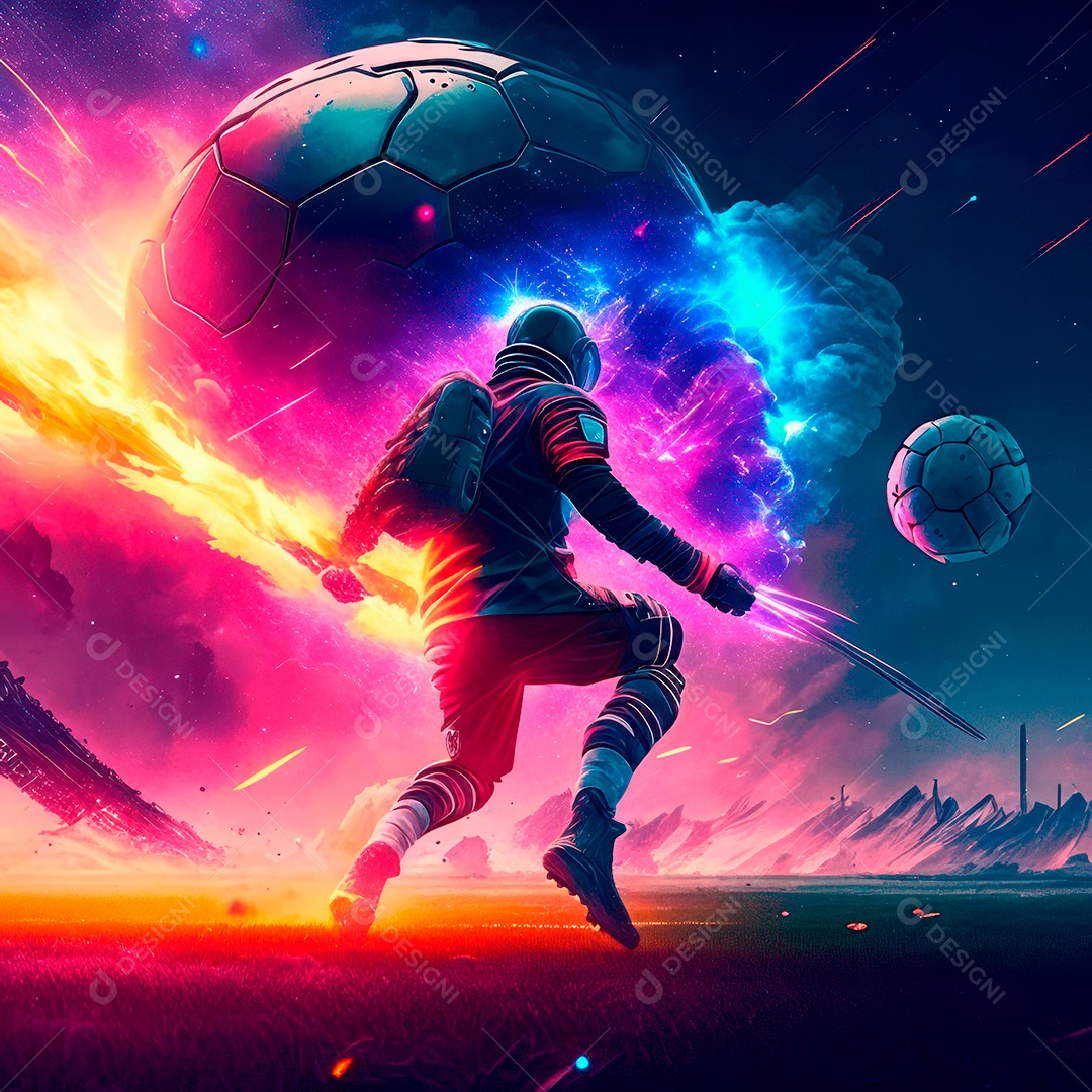 Paisagem cyberpunk de um jogador de futebol atirando.