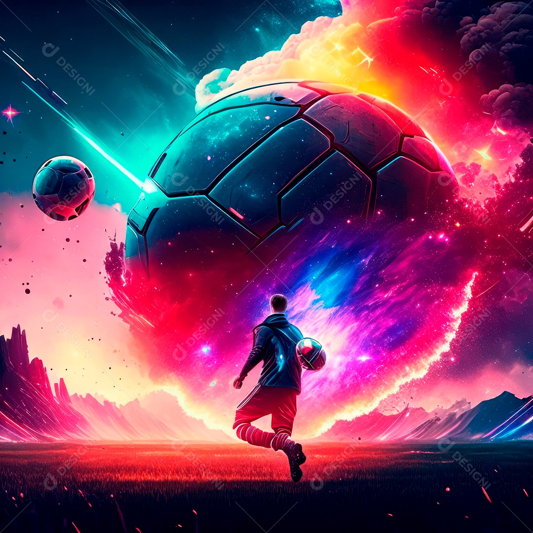 Paisagem cyberpunk de um jogador de futebol atirando.