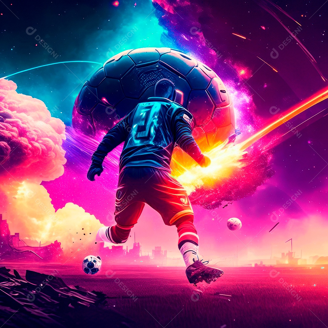 Paisagem cyberpunk de um jogador de futebol atirando.