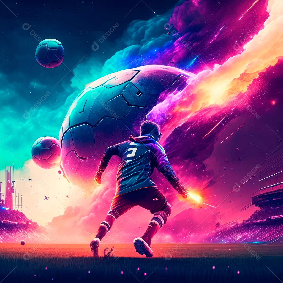 Paisagem cyberpunk de um jogador de futebol atirando.