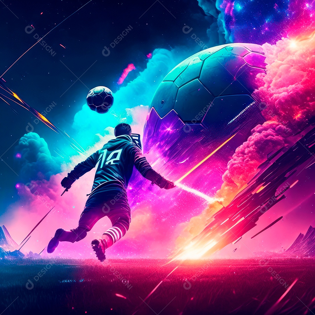 Paisagem cyberpunk de um jogador de futebol atirando.
