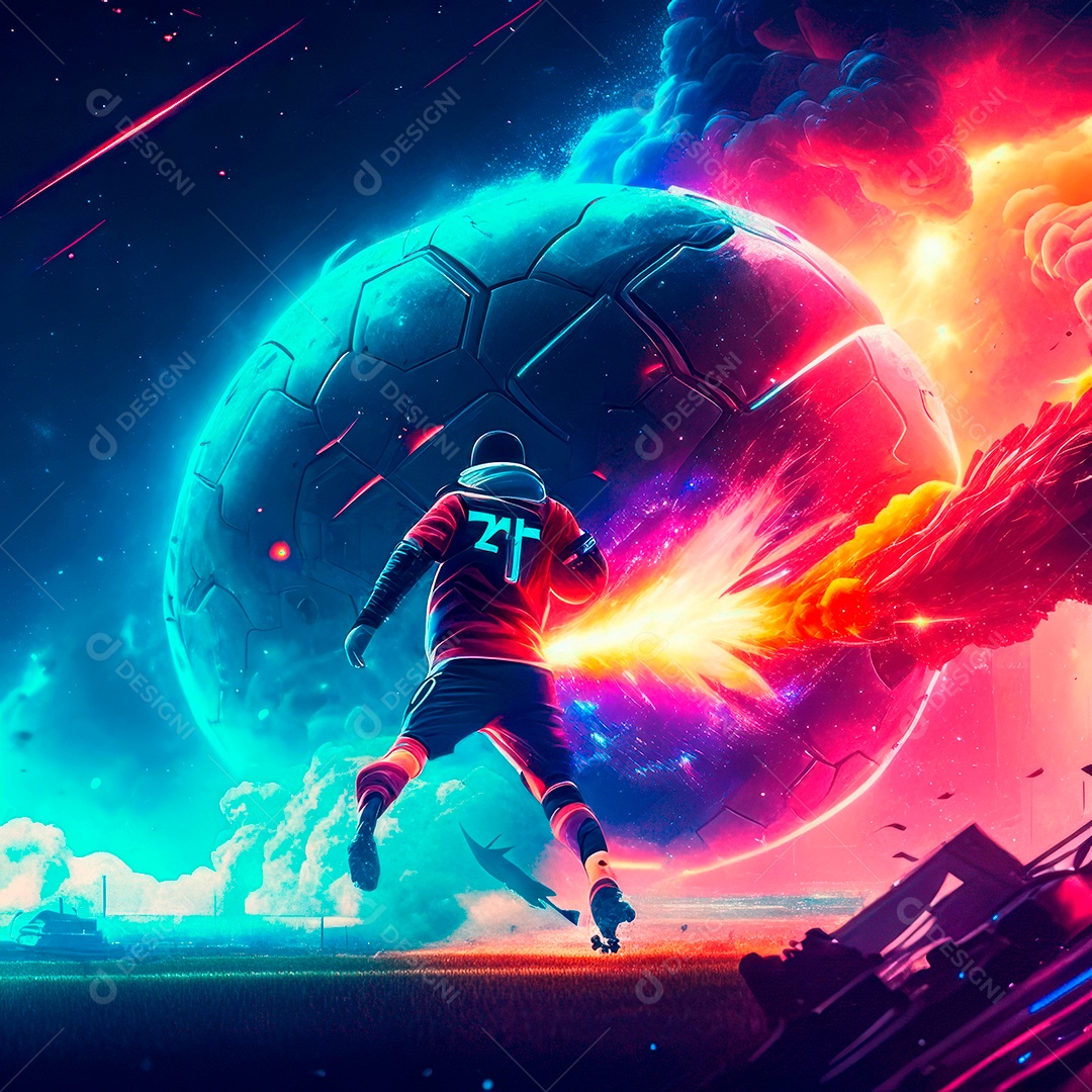 Paisagem cyberpunk de um jogador de futebol atirando.