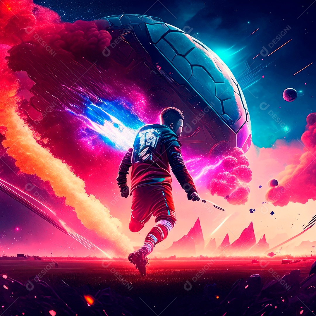 Paisagem cyberpunk de um jogador de futebol atirando.
