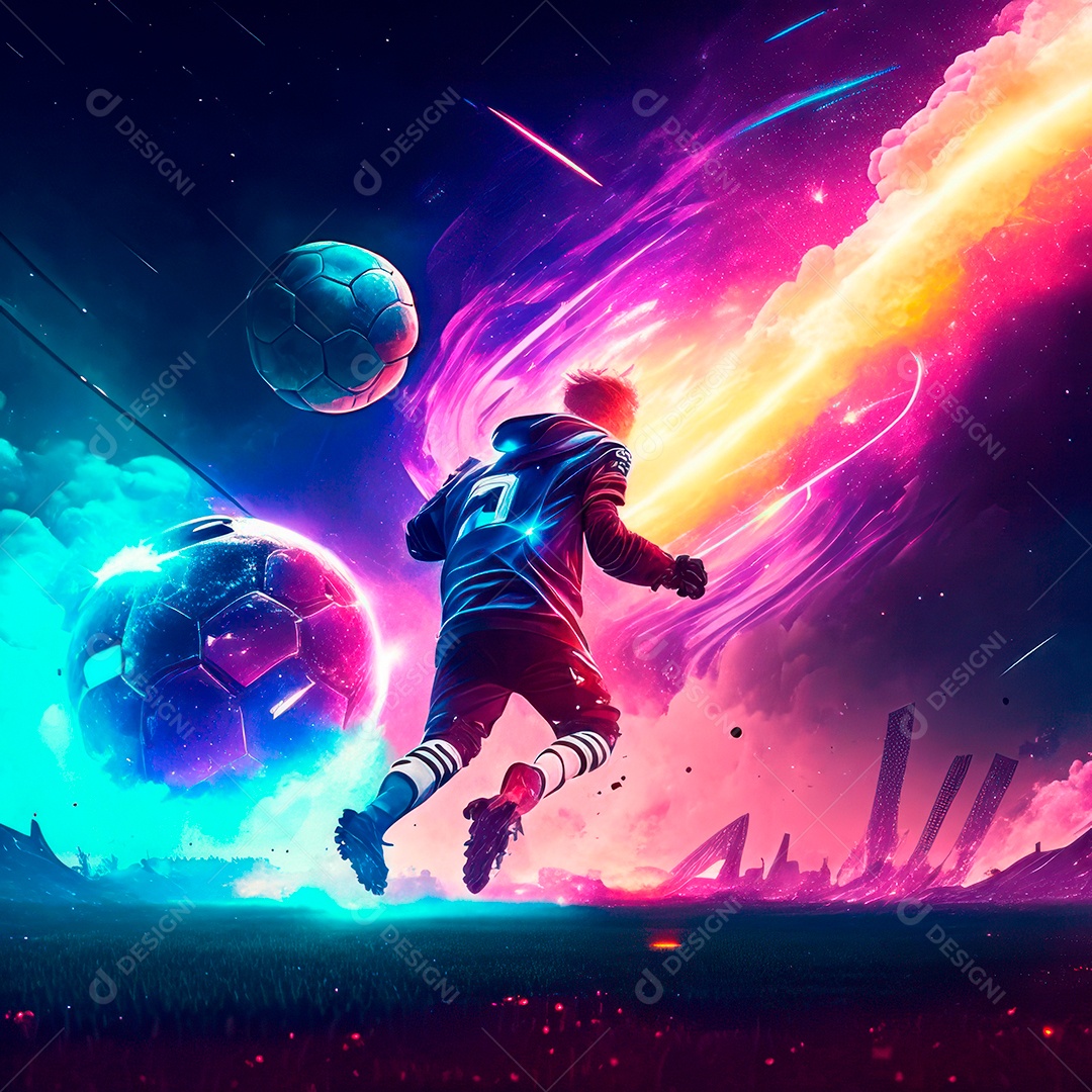 Paisagem cyberpunk de um jogador de futebol atirando.