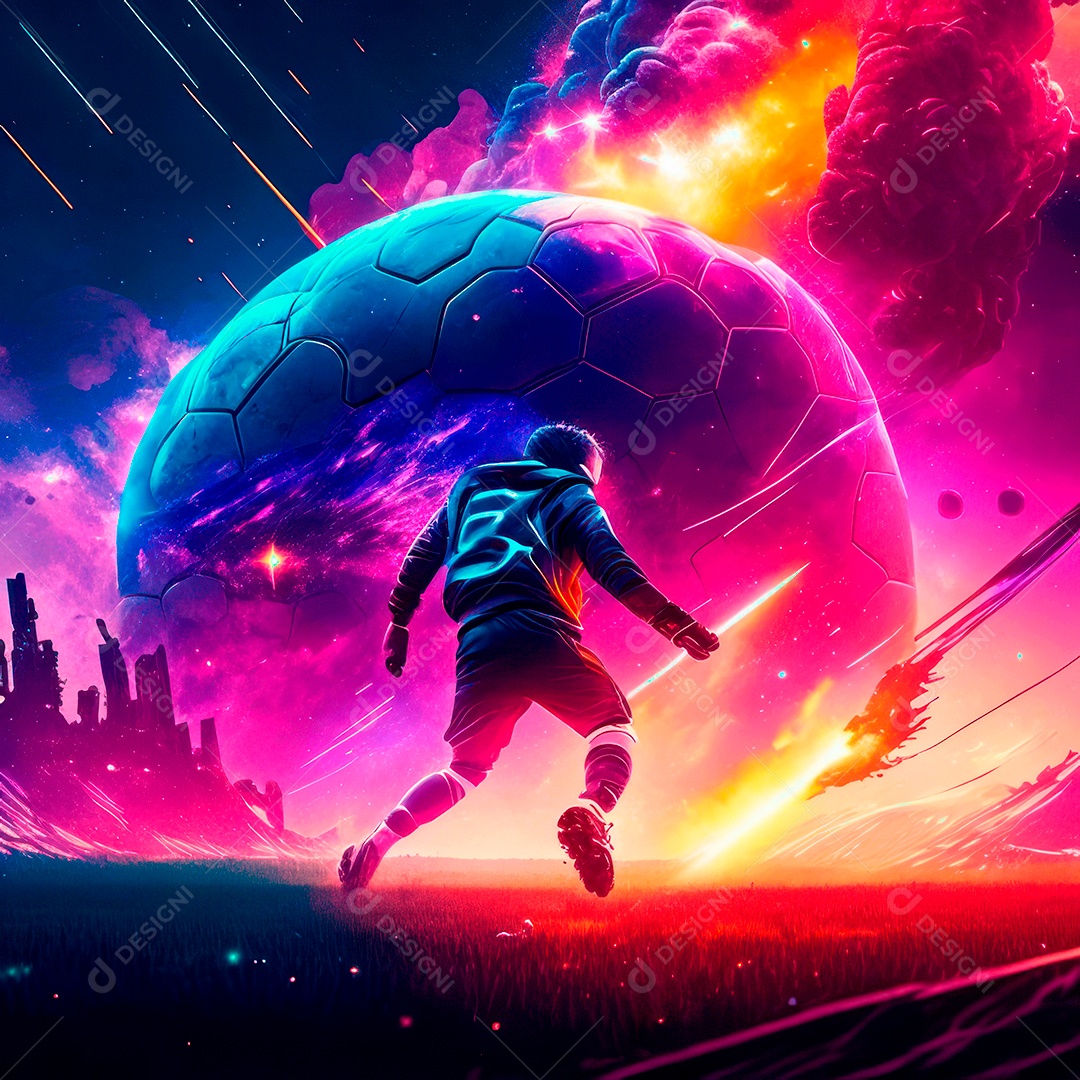 Paisagem cyberpunk de um jogador de futebol atirando.