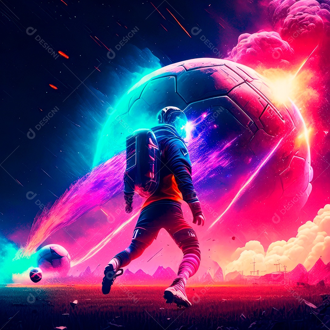 Paisagem cyberpunk de um jogador de futebol atirando.