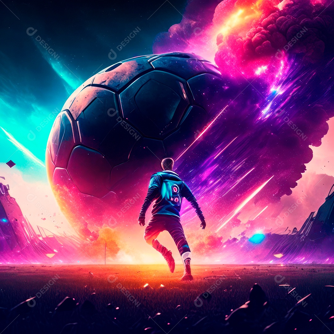 Paisagem cyberpunk de um jogador de futebol atirando.