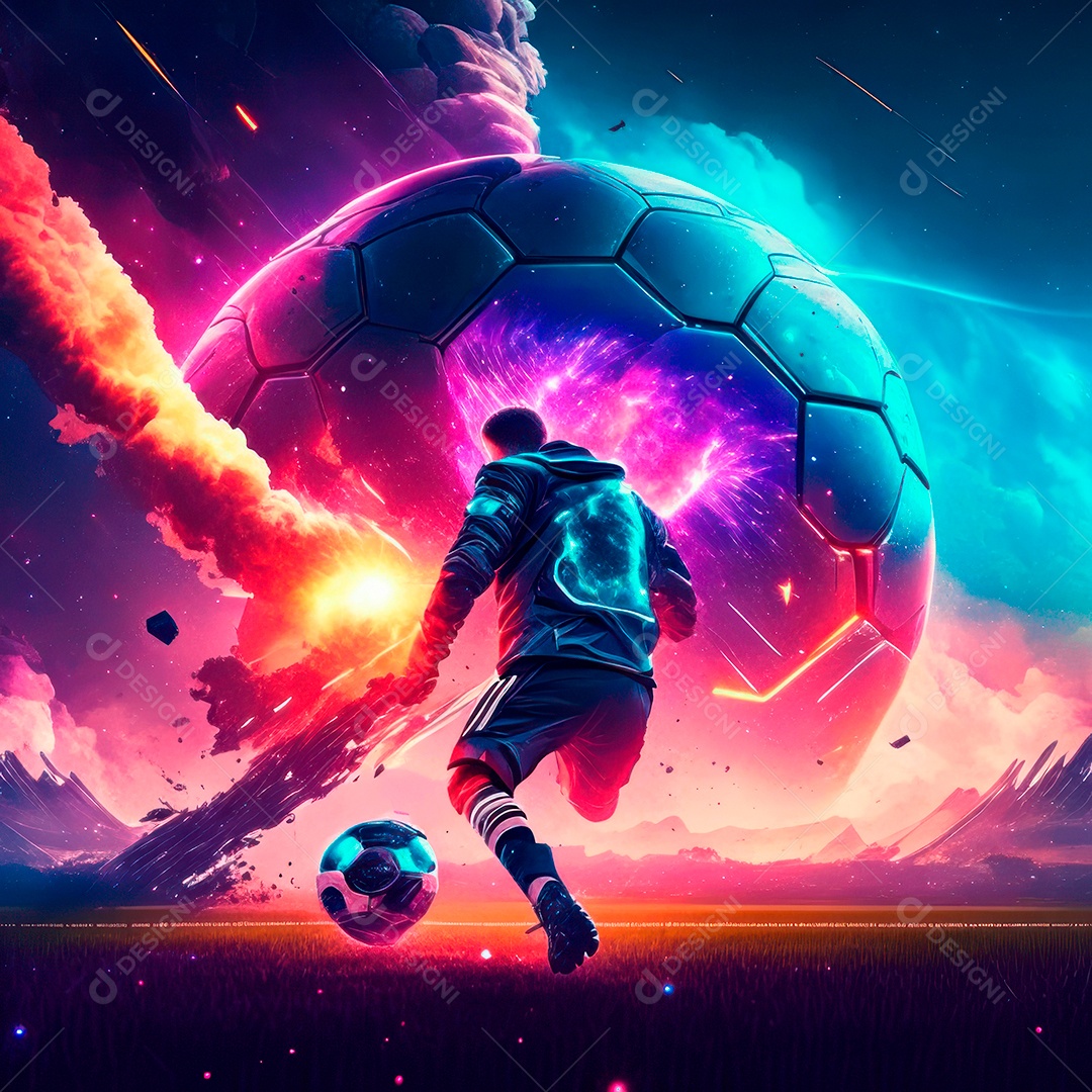 Paisagem cyberpunk de um jogador de futebol atirando.