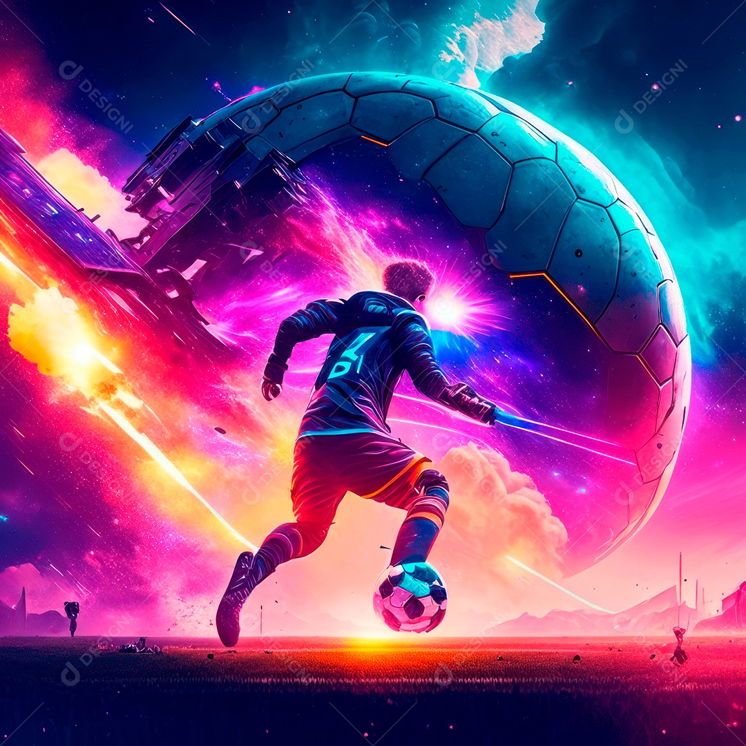 Paisagem cyberpunk de um jogador de futebol atirando.