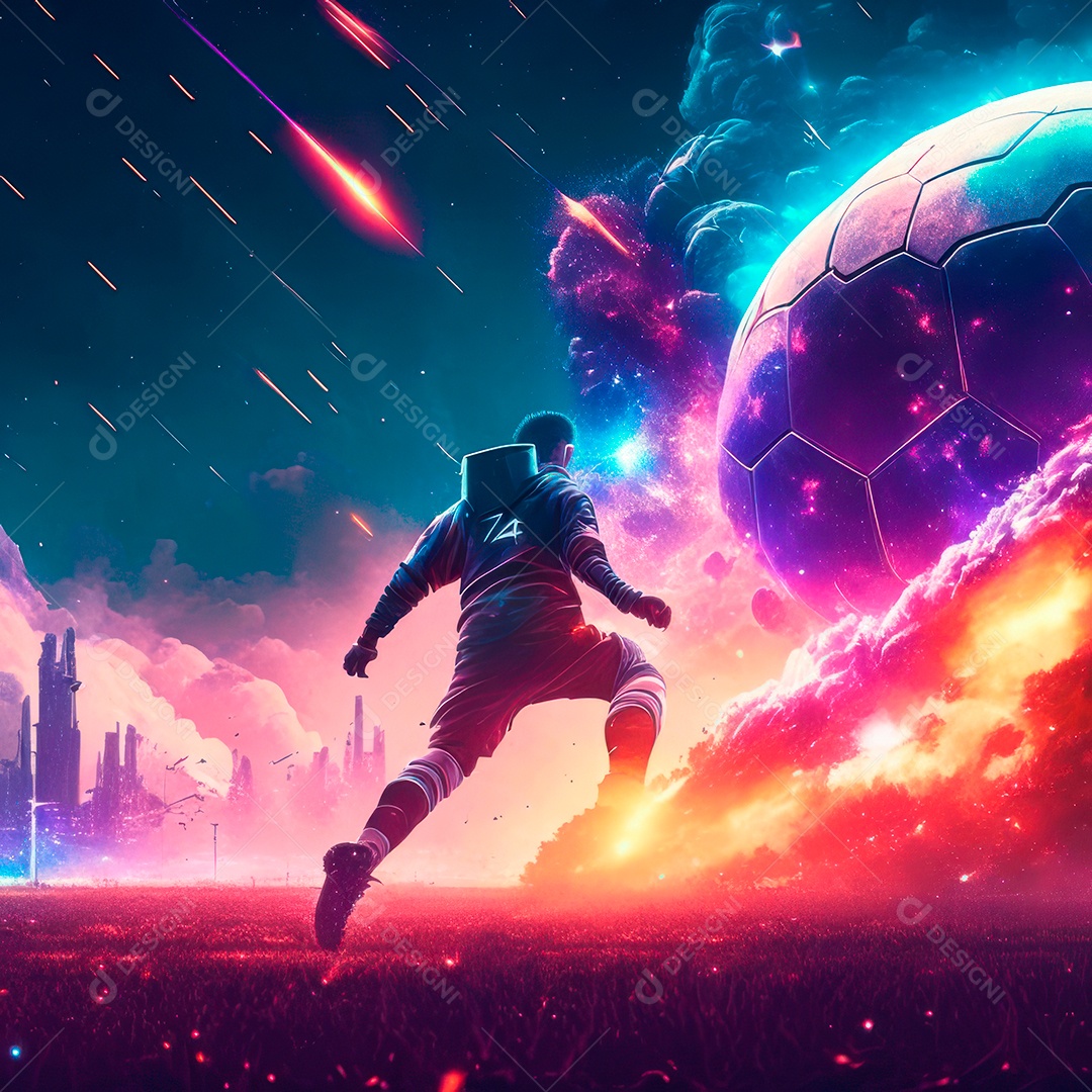 Paisagem cyberpunk de um jogador de futebol atirando.