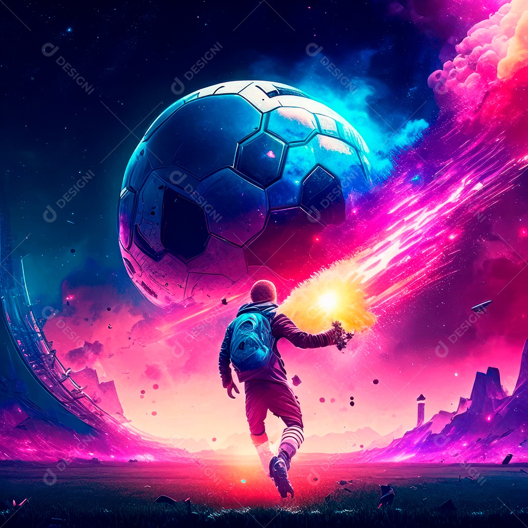 Paisagem cyberpunk de um jogador de futebol atirando.