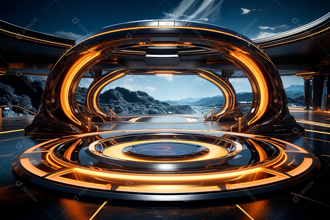 Túnel ou corredor estilo metal e estrutura de ferro com luz neon futurista