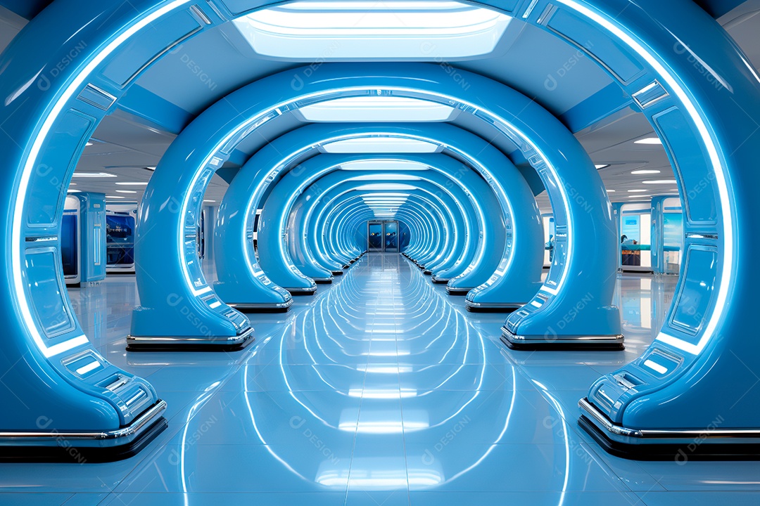 Túnel ou corredor estilo metal e estrutura de ferro com luz neon futurista