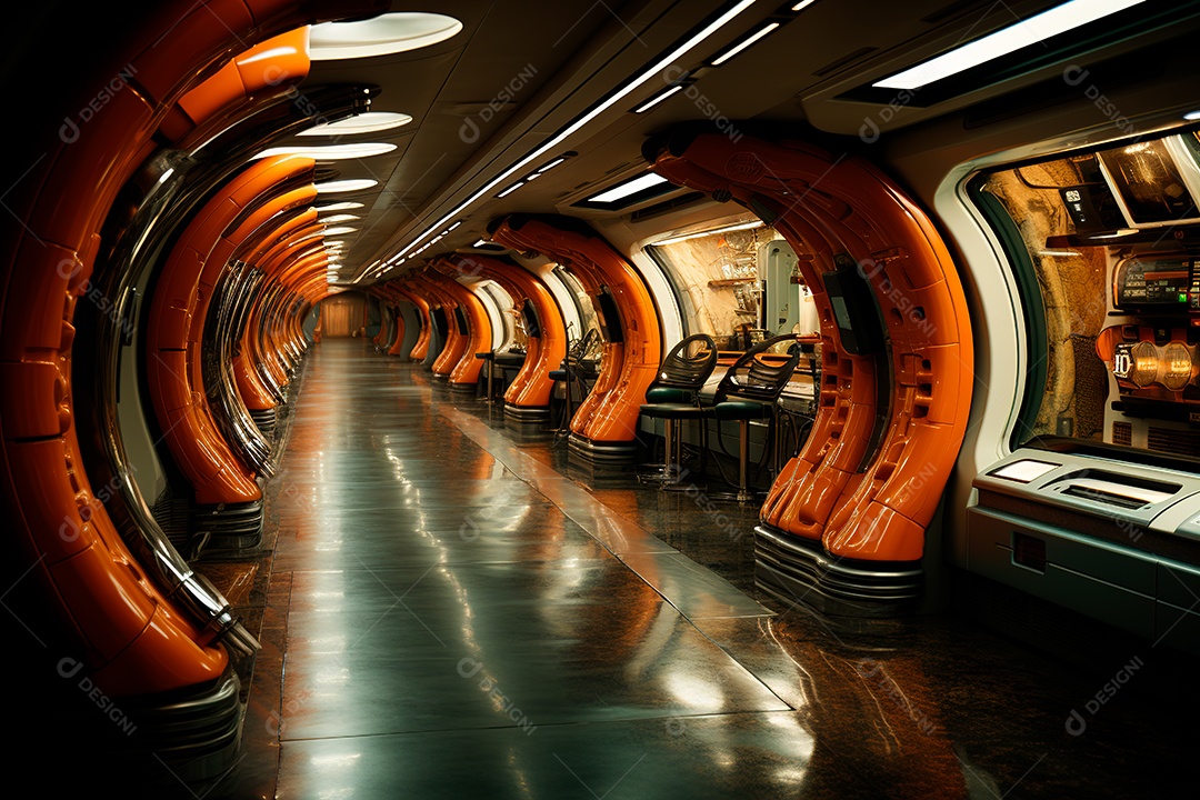 Túnel ou corredor estilo metal e estrutura de ferro com luz neon futurist