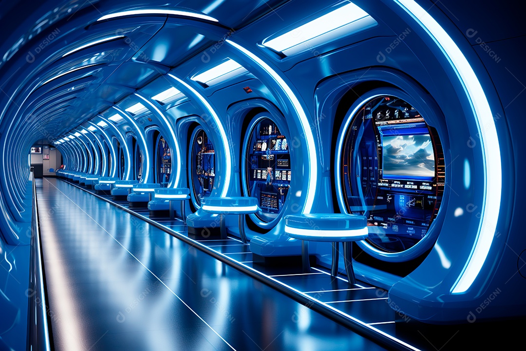 Túnel ou corredor estilo metal e estrutura de ferro com luz neon futurista