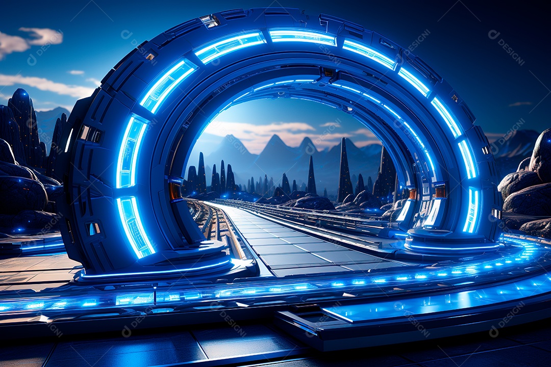 Túnel ou corredor estilo metal e estrutura de ferro com luz neon futurista