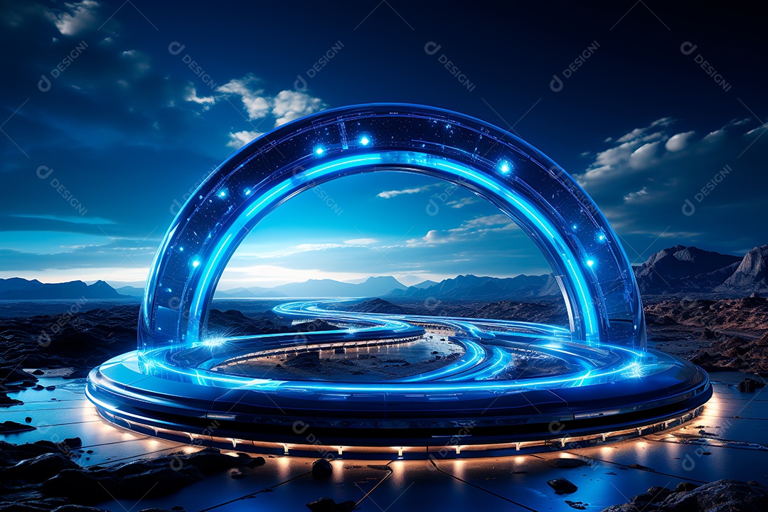 Túnel ou corredor estilo metal e estrutura de ferro com luz neon futurista