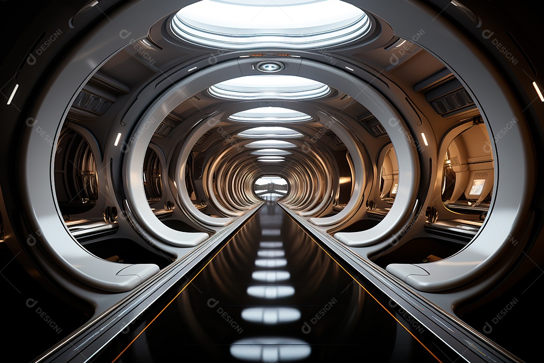 Túnel ou corredor estilo metal e estrutura de ferro com luz neon futurista