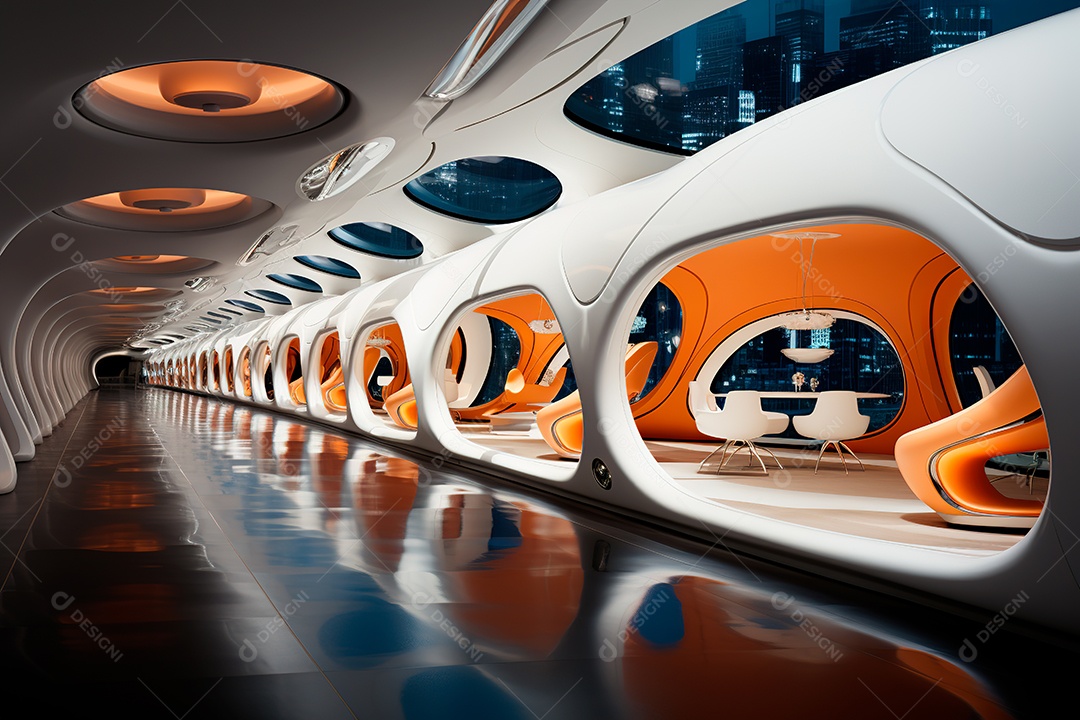 Túnel ou corredor estilo metal e estrutura de ferro com luz neon futurista