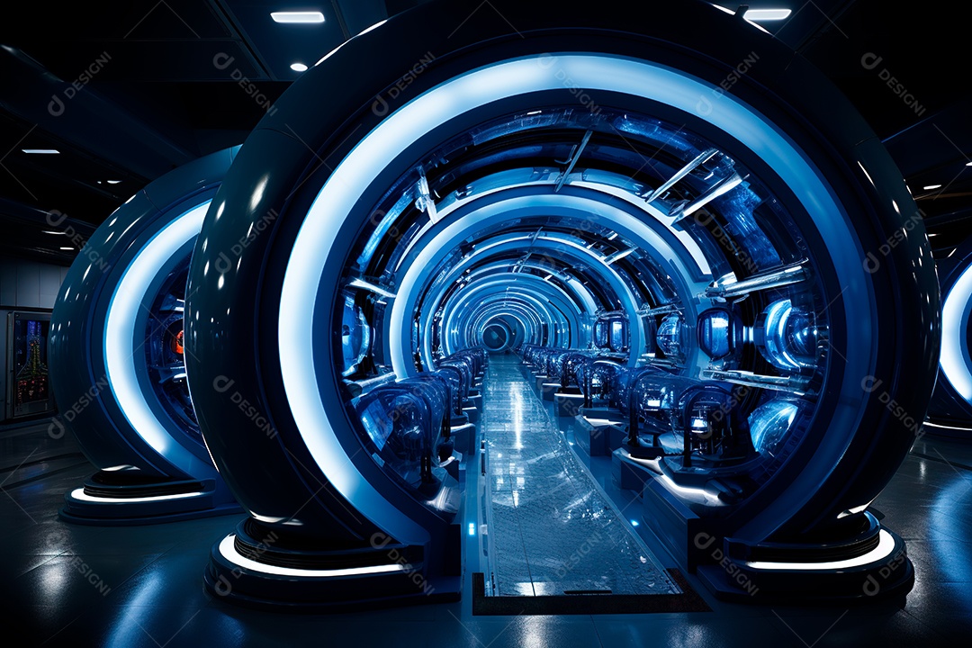 Túnel ou corredor estilo metal e estrutura de ferro com luz neon futurista