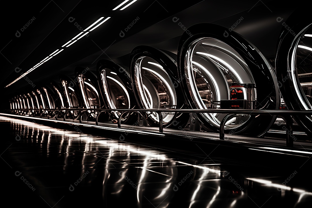 Túnel ou corredor estilo metal e estrutura de ferro com luz neon futurista