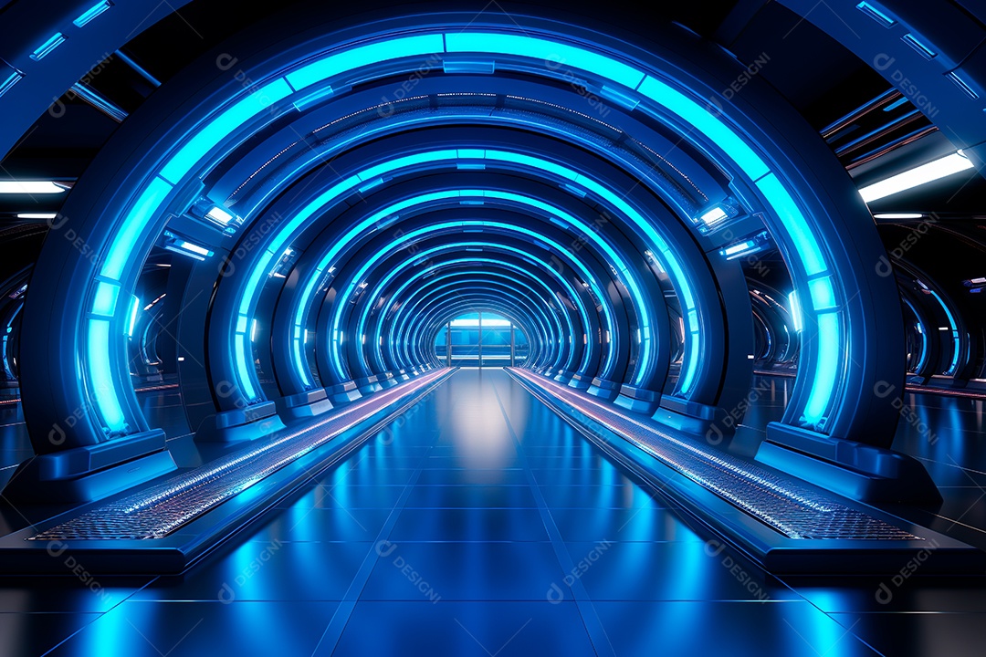Túnel ou corredor estilo metal e estrutura de ferro com luz neon futurista