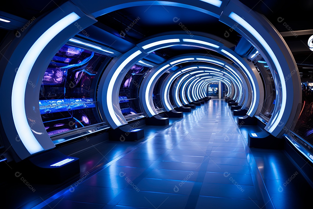 Túnel ou corredor estilo metal e estrutura de ferro com luz neon futurista