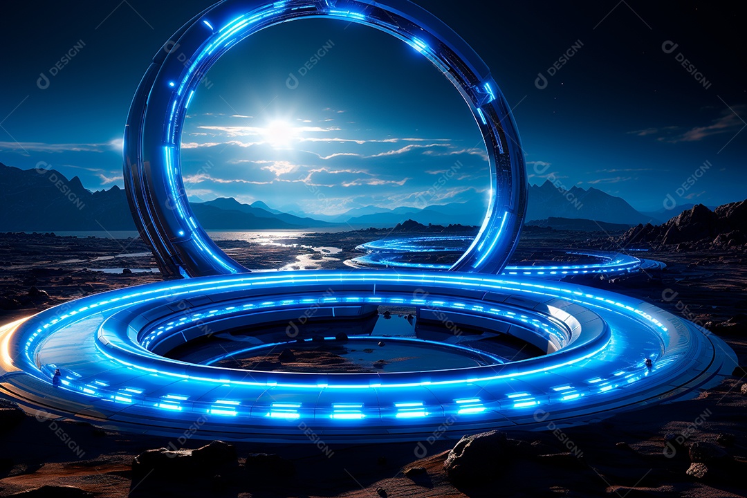 Túnel ou corredor estilo metal e estrutura de ferro com luz neon futurista