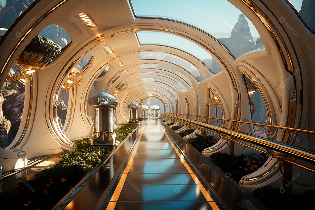 Túnel ou corredor estilo metal e estrutura de ferro com luz neon futurista