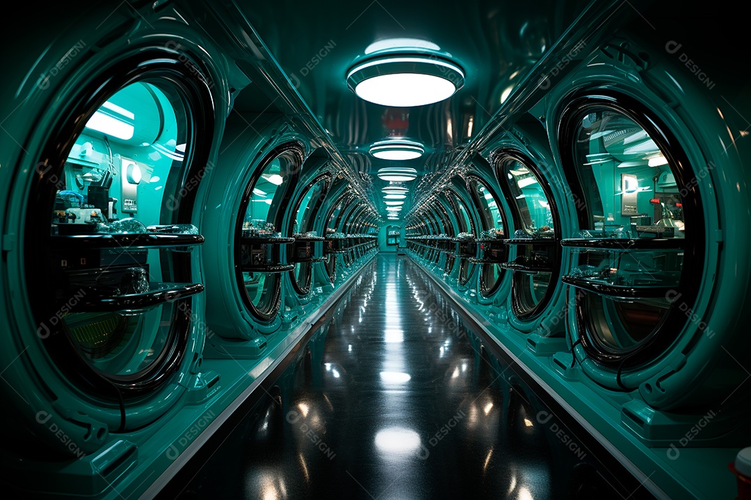 Túnel ou corredor estilo metal e estrutura de ferro com luz neon futurista