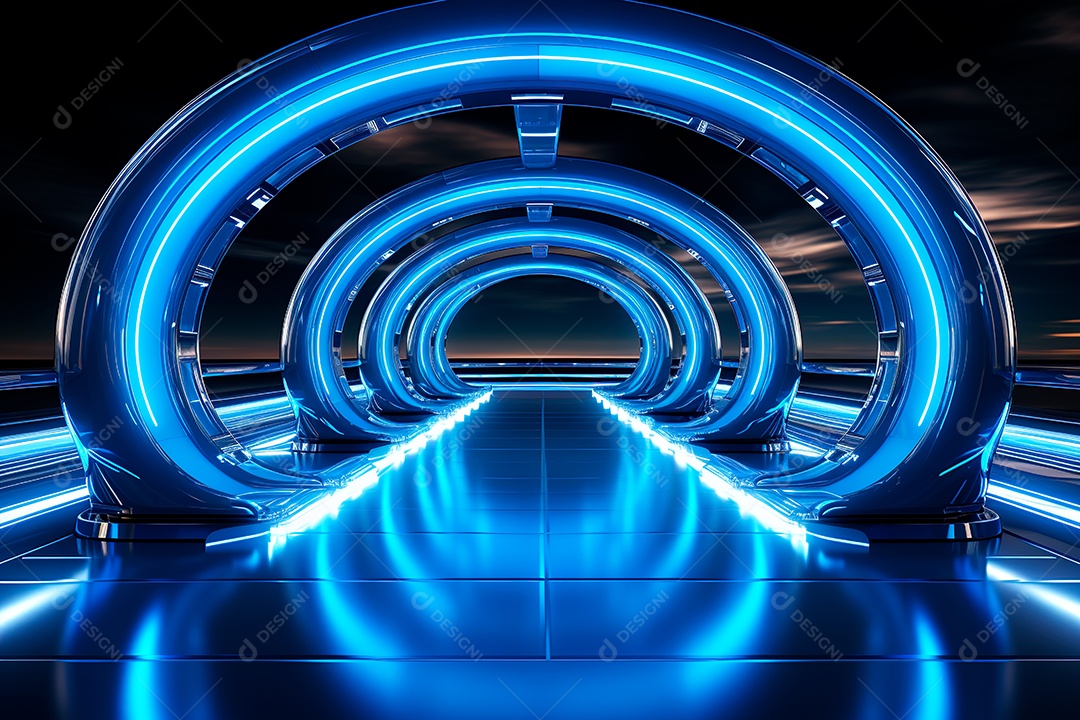 Túnel ou corredor estilo metal e estrutura de ferro com luz neon futurista