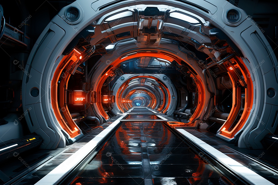 Túnel ou corredor estilo metal e estrutura de ferro com luz neon futurista