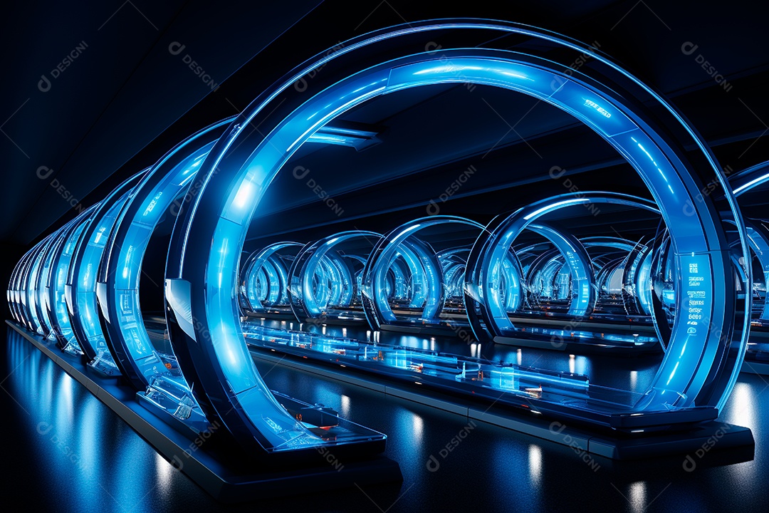 Túnel ou corredor estilo metal e estrutura de ferro com luz neon futurista