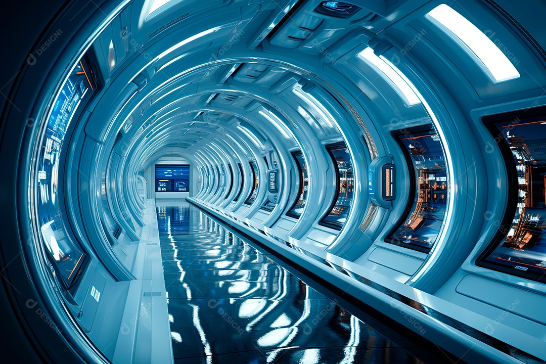 Túnel ou corredor estilo metal e estrutura de ferro com luz neon futurista