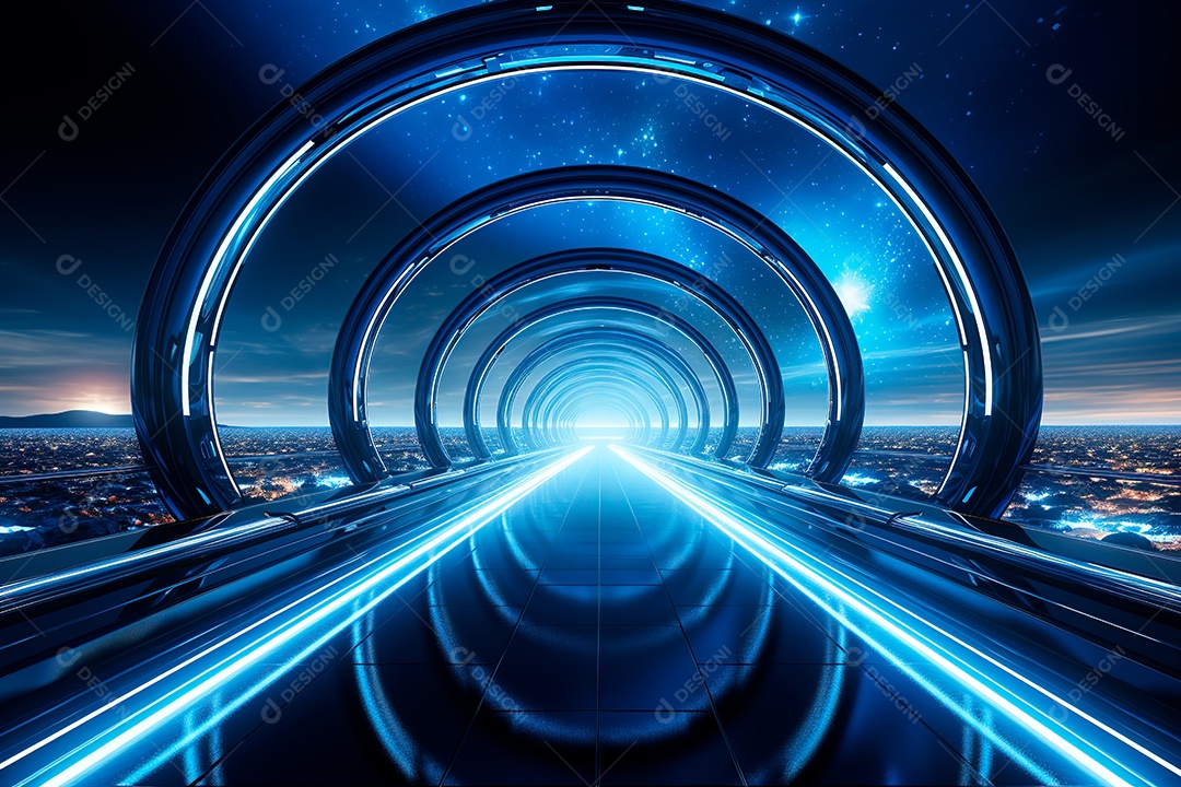 Túnel ou corredor estilo metal e estrutura de ferro com luz neon futurista