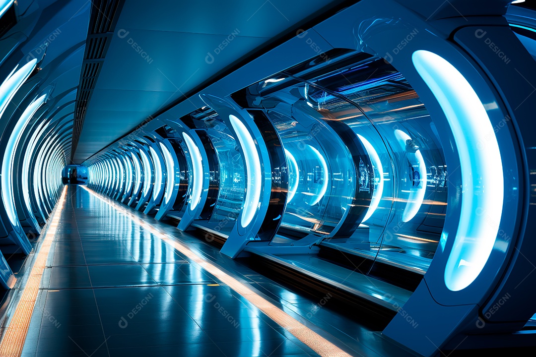 Túnel ou corredor estilo metal e estrutura de ferro com luz neon futurista