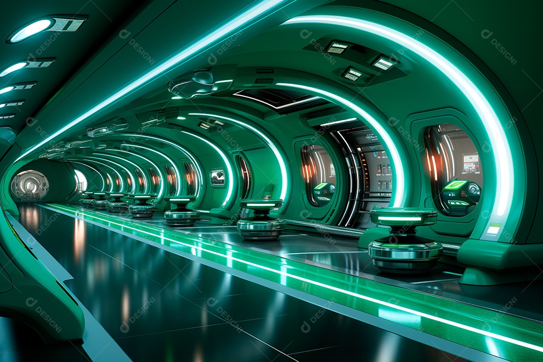 Túnel ou corredor estilo metal e estrutura de ferro com luz neon futurista