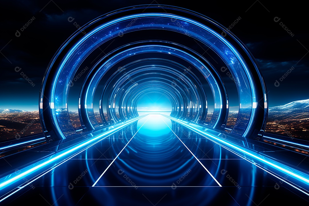 Túnel ou corredor estilo metal e estrutura de ferro com luz neon futurista