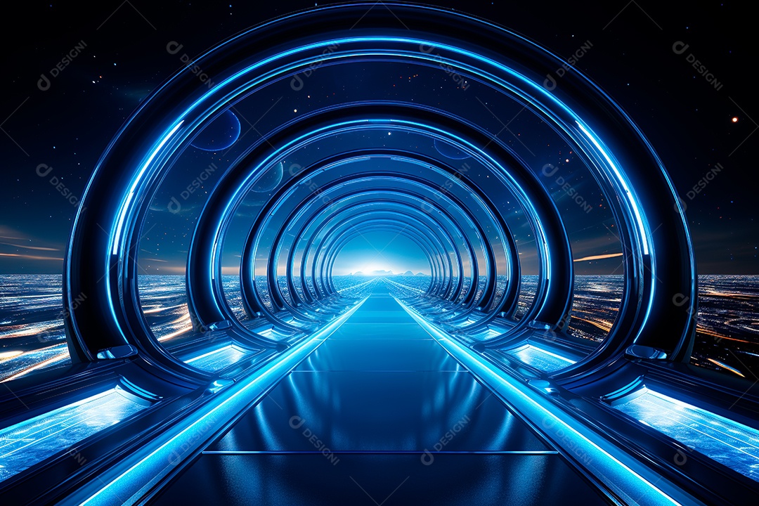 Túnel ou corredor estilo metal e estrutura de ferro com luz neon futurista