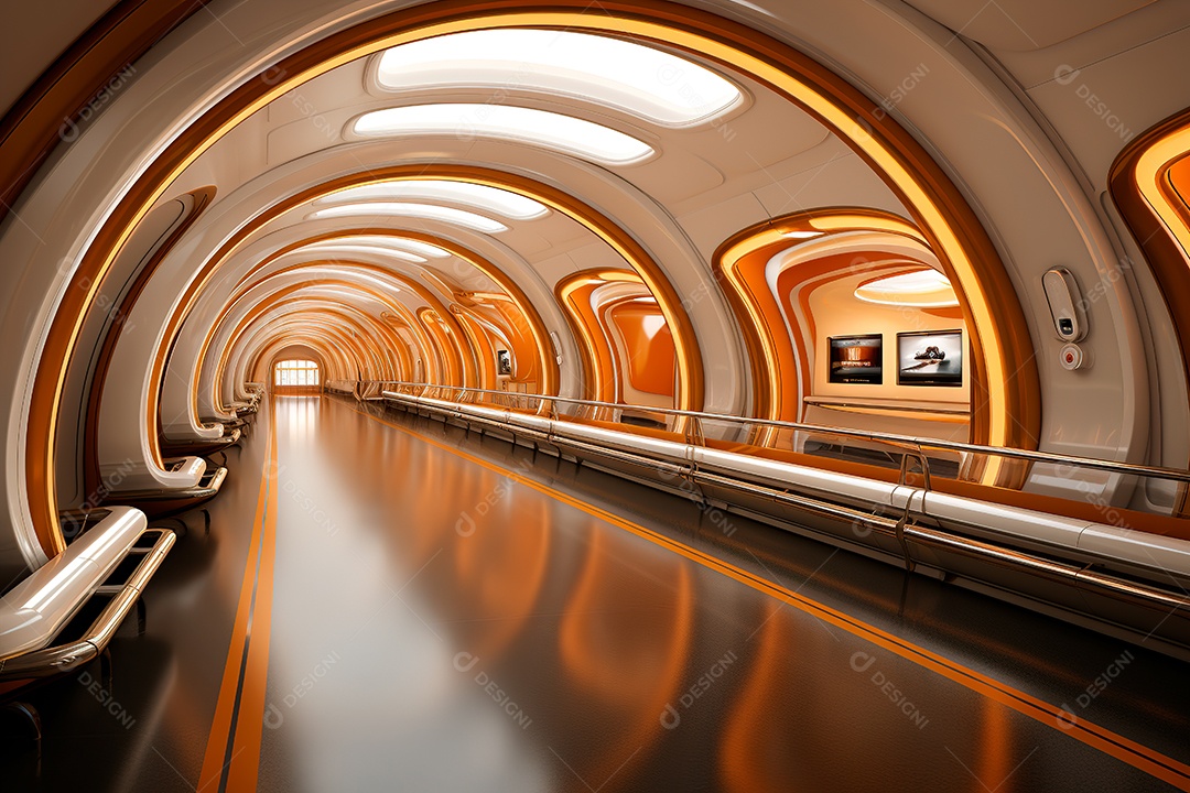 Túnel ou corredor estilo metal e estrutura de ferro com luz neon futurista74