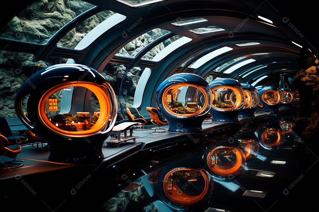 Túnel ou corredor estilo metal e estrutura de ferro com luz neon futurista75