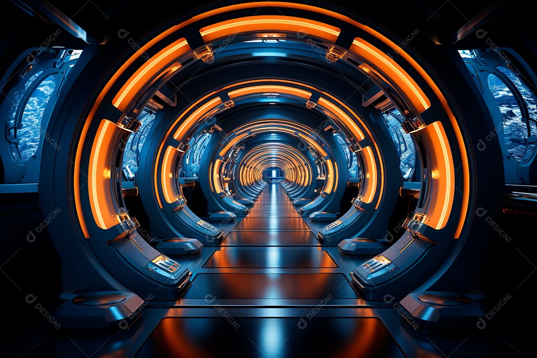 Túnel ou corredor estilo metal e estrutura de ferro com luz neon futurista76