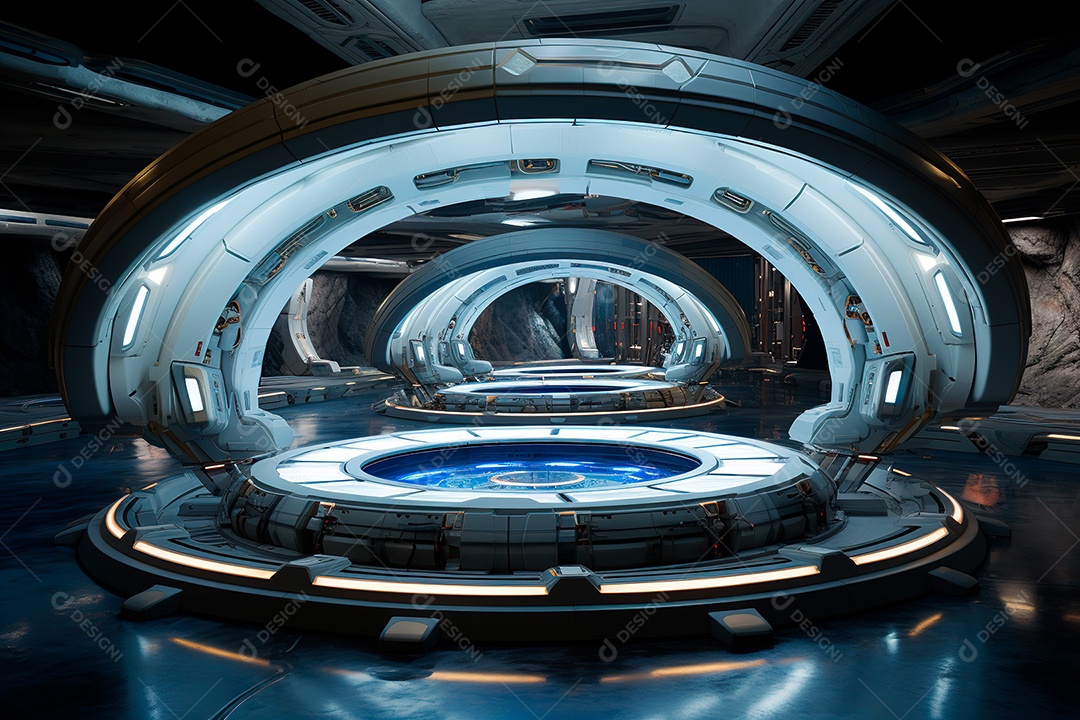 Túnel ou corredor estilo metal e estrutura de ferro com luz neon futurista79