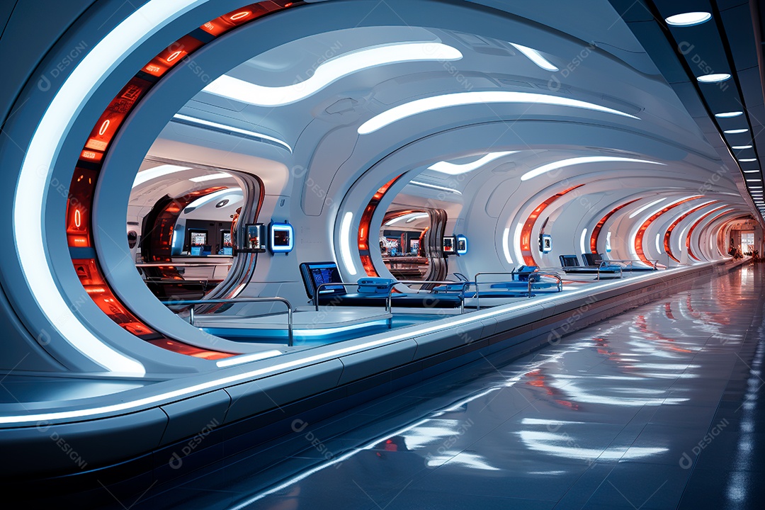 Túnel ou corredor estilo metal e estrutura de ferro com luz neon futurista