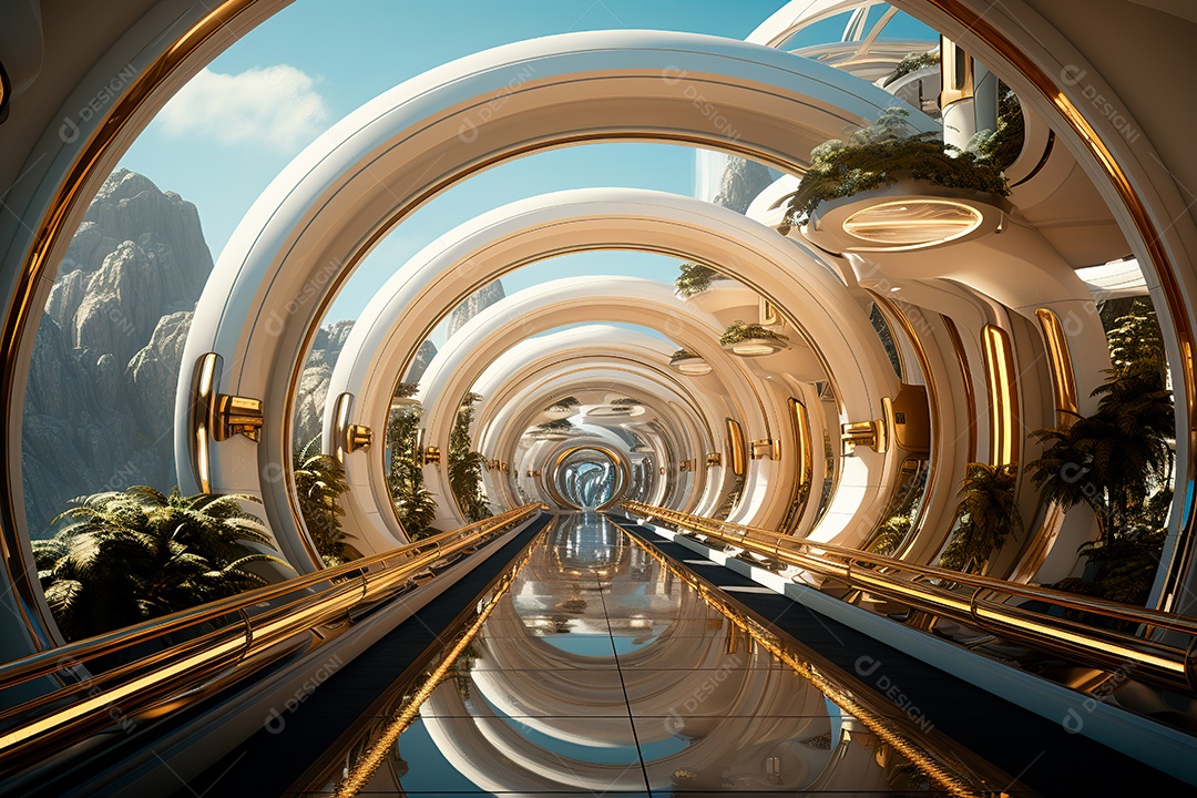 Túnel ou corredor estilo metal e estrutura de ferro com luz neon futurista83