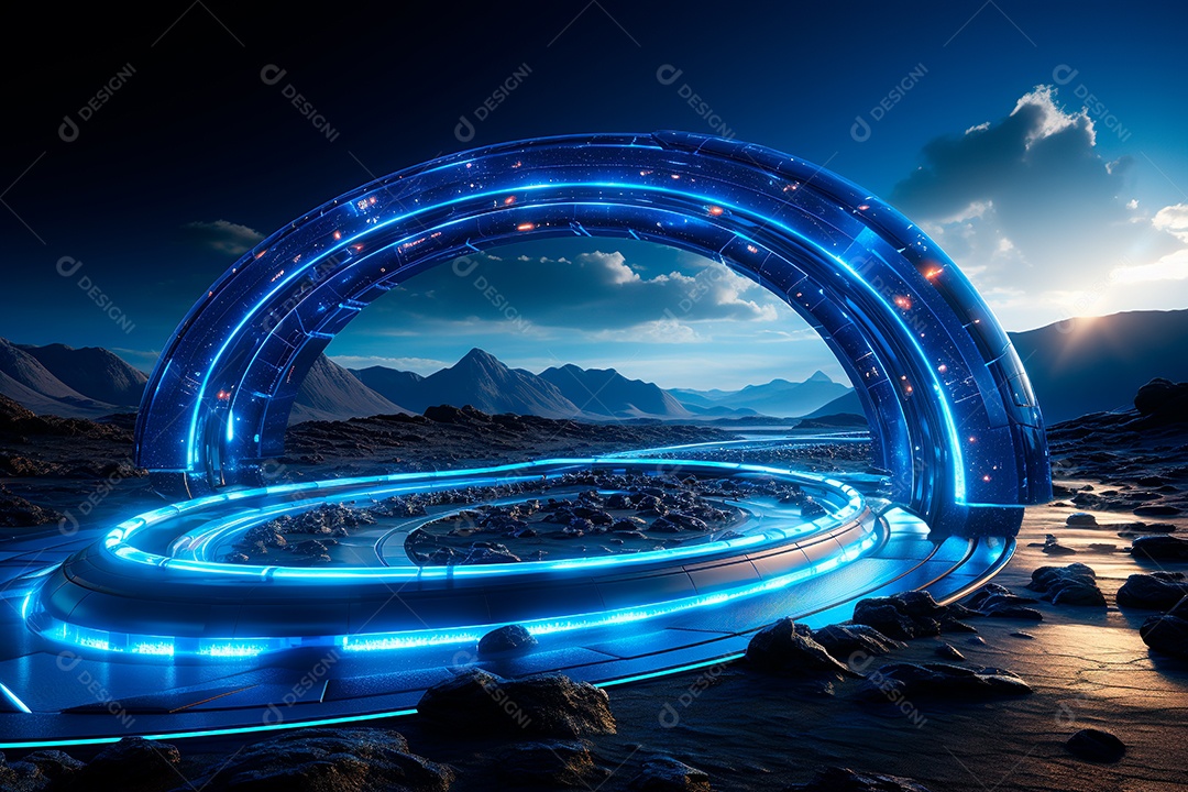 Túnel ou corredor estilo metal e estrutura de ferro com luz neon futurista84